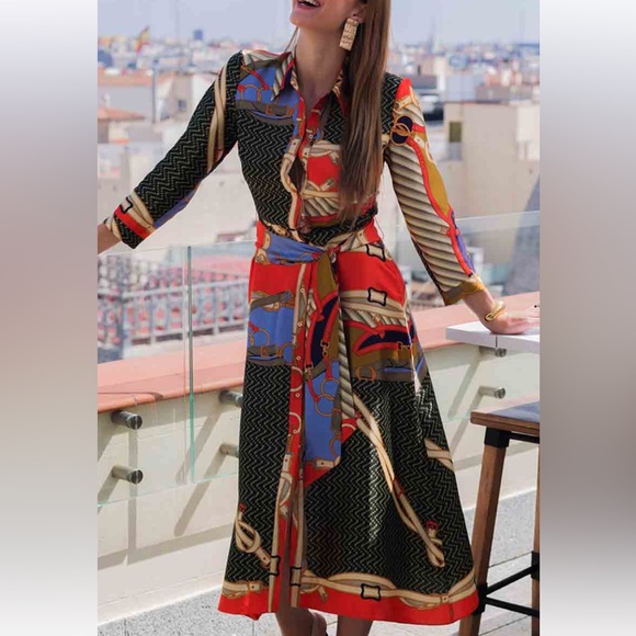 Zara Multicolor Button-Front Maxi Dress - Red Olive & Blue
